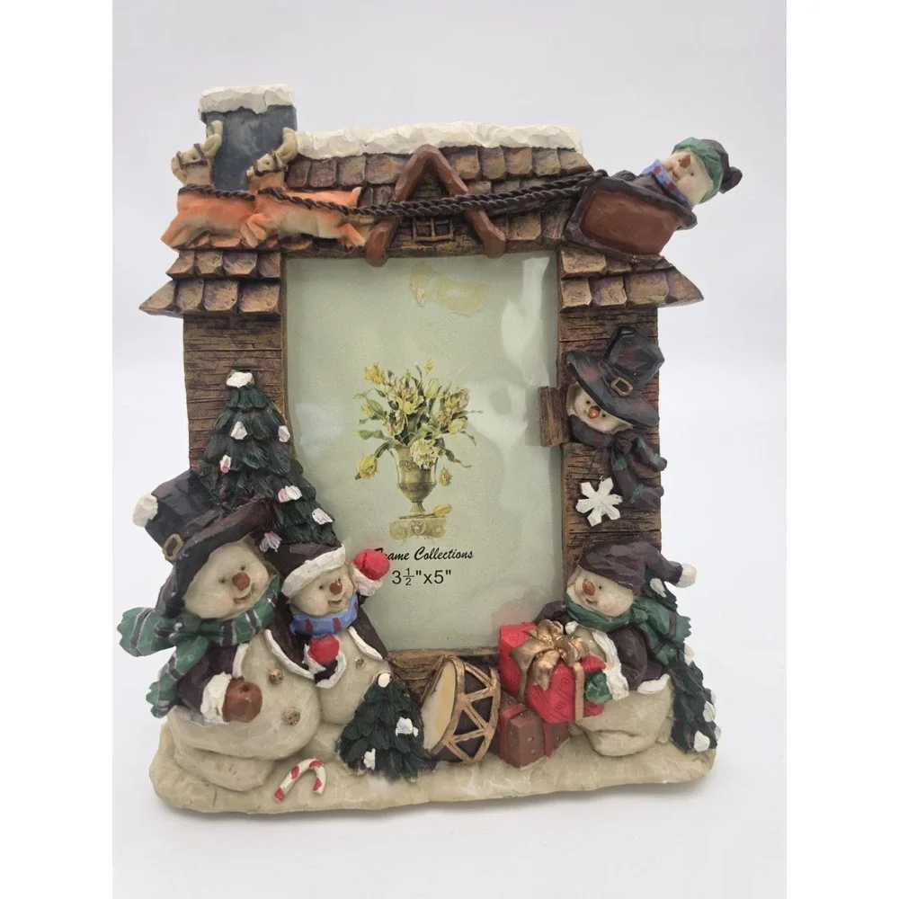 Vtg Holiday Time Snowman Christmas Photo Frame 3.5x 5
